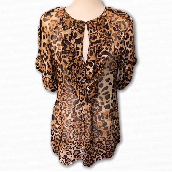 Nanette Lepore Leopard Ruffle Silk Keyhole Blouse - Picture 5 of 5